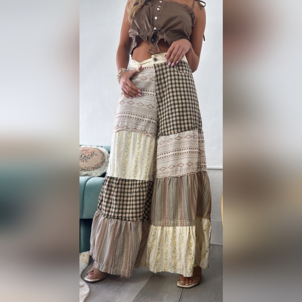 POL Brown & Cream Oakley Boho Patchwork Wide Leg Pants - Picture 4 of 9
